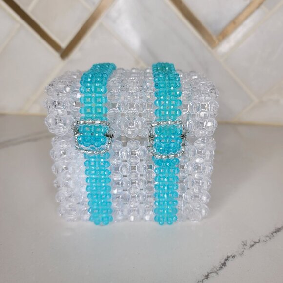 Handcrafted Beaded musical Jewelry trinket Box With Clear & Turquoise Beads - Picture 4 of 11